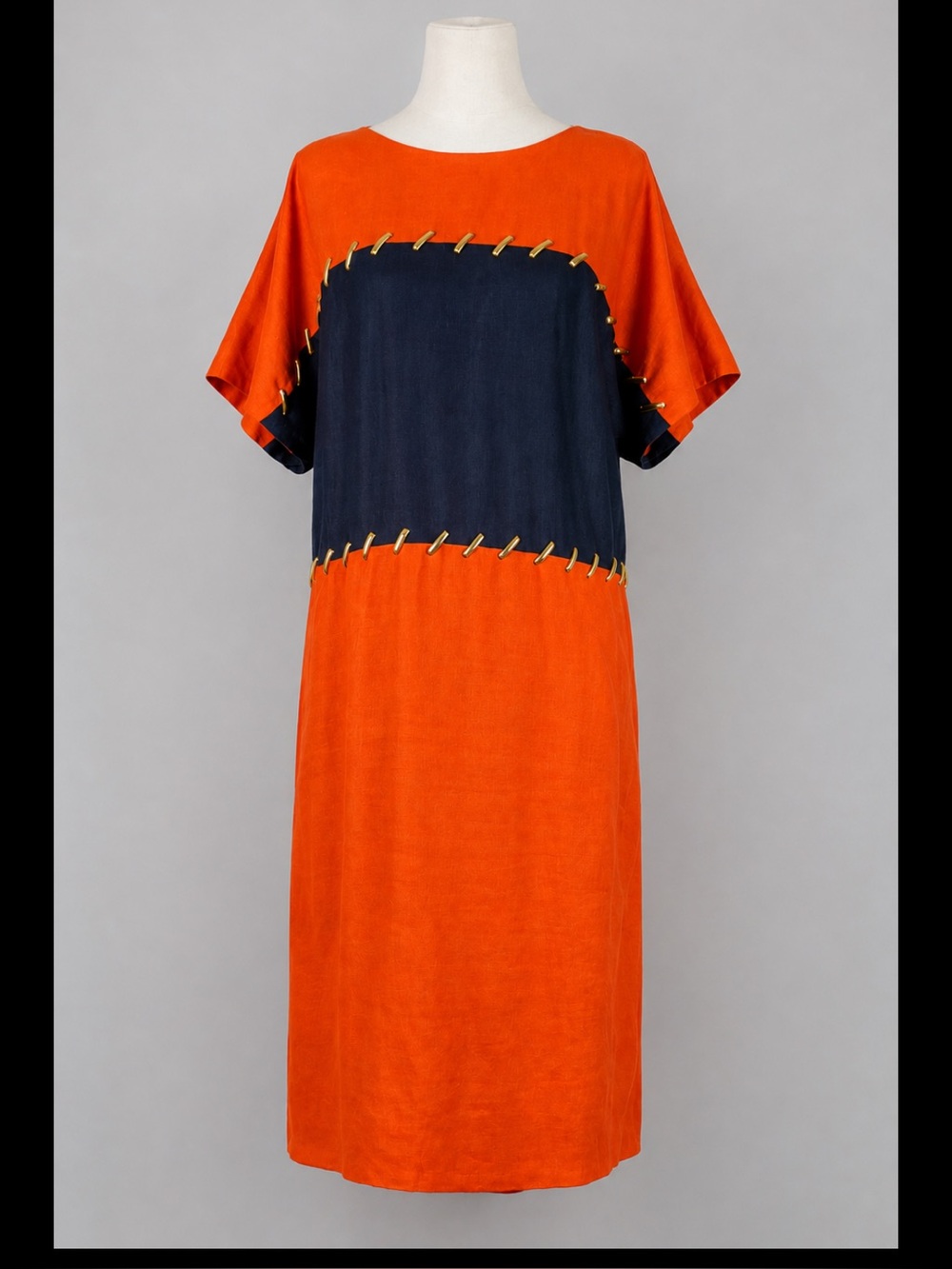 Vintage 80s RB Design Group Linen Colorblock Gold Hardware Dress 8